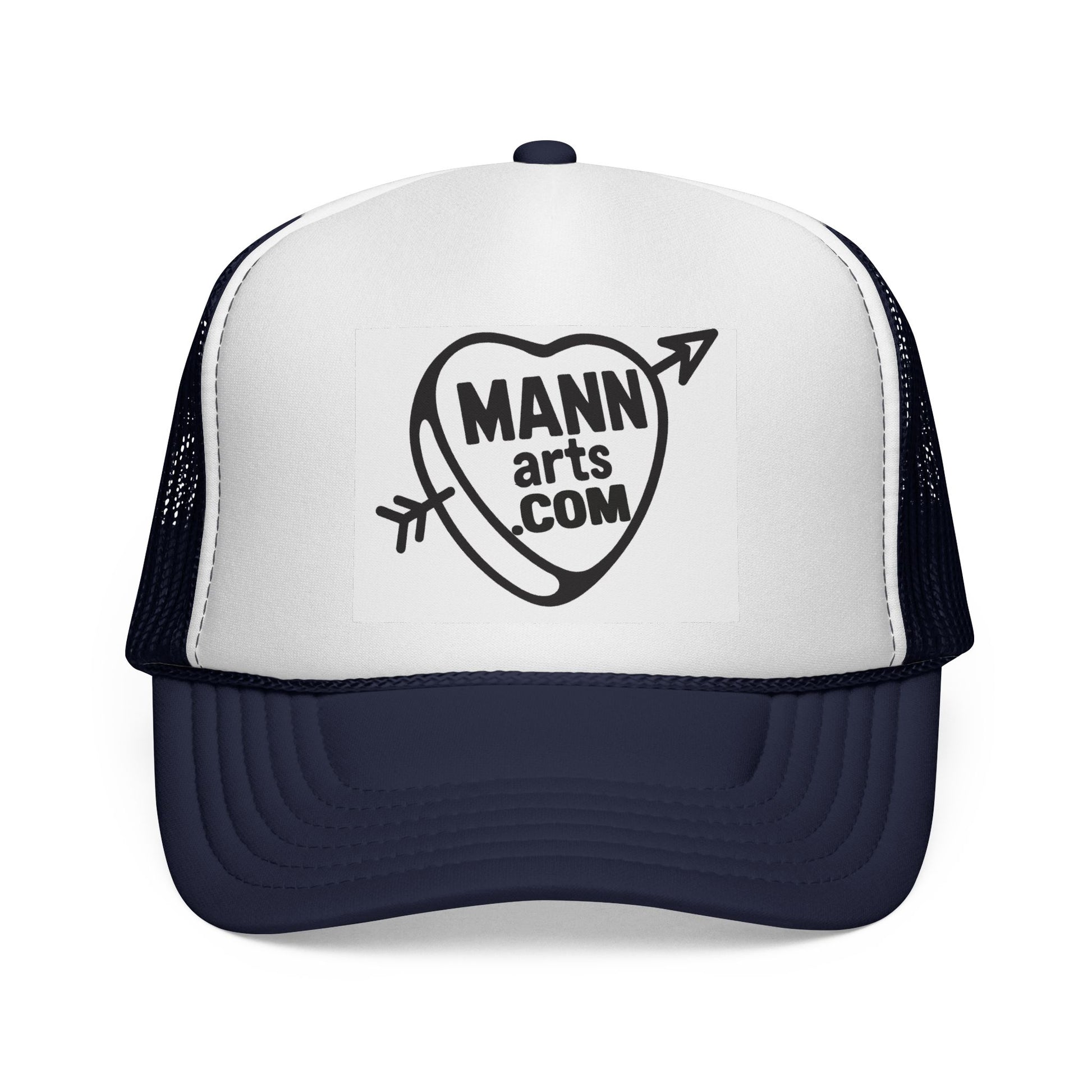 Patriotic Trucker Cap with MANNarts Logo — Retro Red White & Blue Mesh Hat
