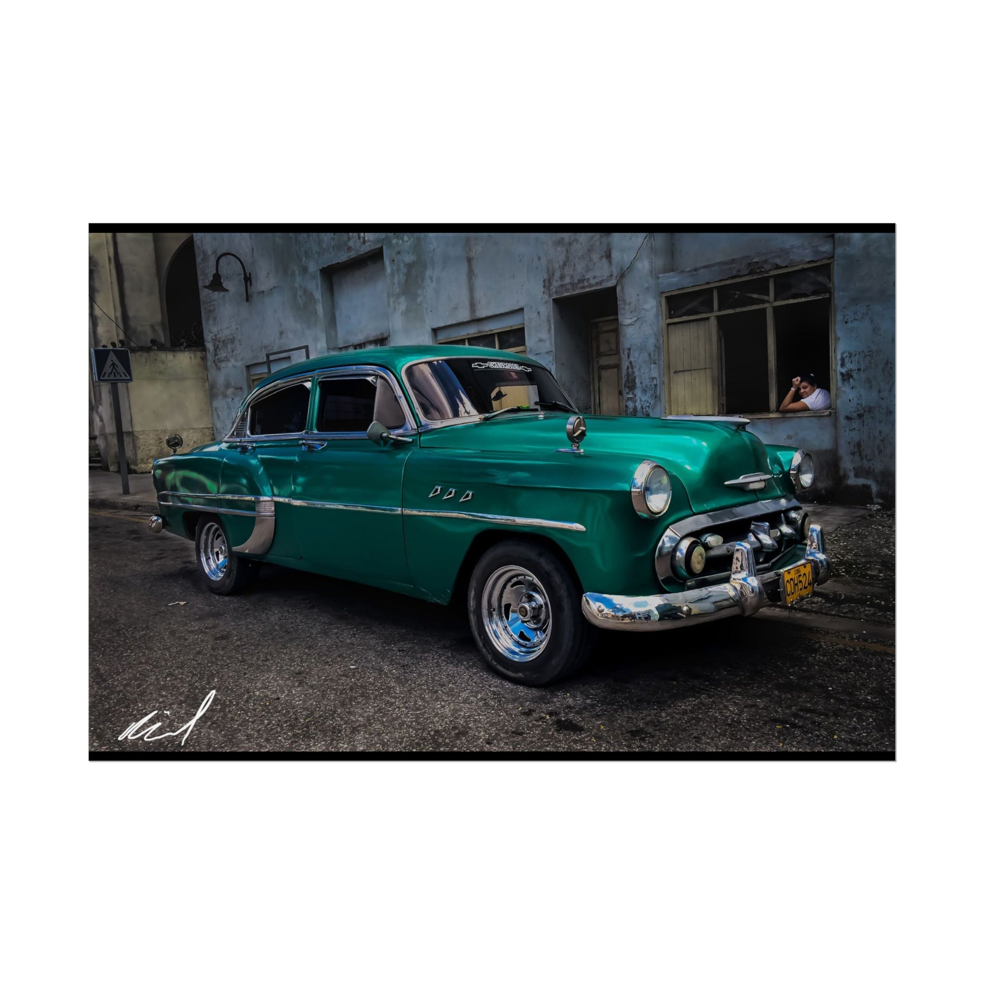 Cuba Vintage Green Classic Car Poster — Retro Buick Rolled