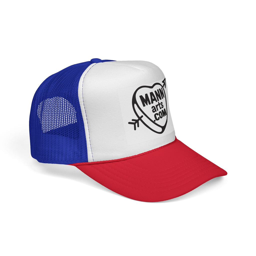 Patriotic Trucker Cap with MANNarts Logo — Retro Red White & Blue Mesh Hat